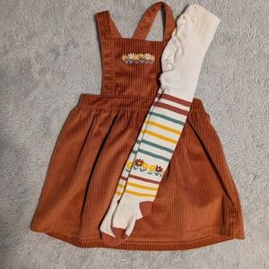 Girls Corduroy Pinafore Dress with Striped Tights 12 Months